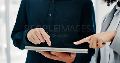 Buy stock photo Business people, hands and tablet in office for financial report, budget or proposal. Digital tech, collaboration and teamwork for investment strategy, planning or agenda for project management