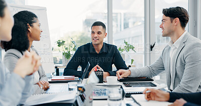 Buy stock photo Meeting, discussion or business people with planning in office, trading offer or investment evaluation. Brainstorming, tech or risk management team with assessment of proposal, review or funding idea