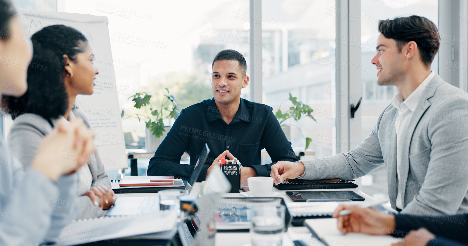 Buy stock photo Meeting, discussion or business people with planning in office, trading offer or investment evaluation. Brainstorming, tech or risk management team with assessment of proposal, review or funding idea