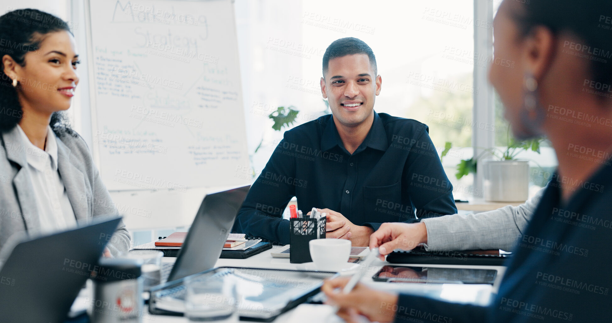 Buy stock photo Happy, meeting and discussion in boardroom with business people for project planning or strategy. Group, employees or colleagues with smile for corporate conversation, briefing or ideas in workplace