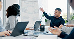 Businessman, whiteboard or presentation with team for marketing strategy or discussion in boardroom. Man, colleagues or speaker talking to group of employees with mindmap for sale advice in workplace