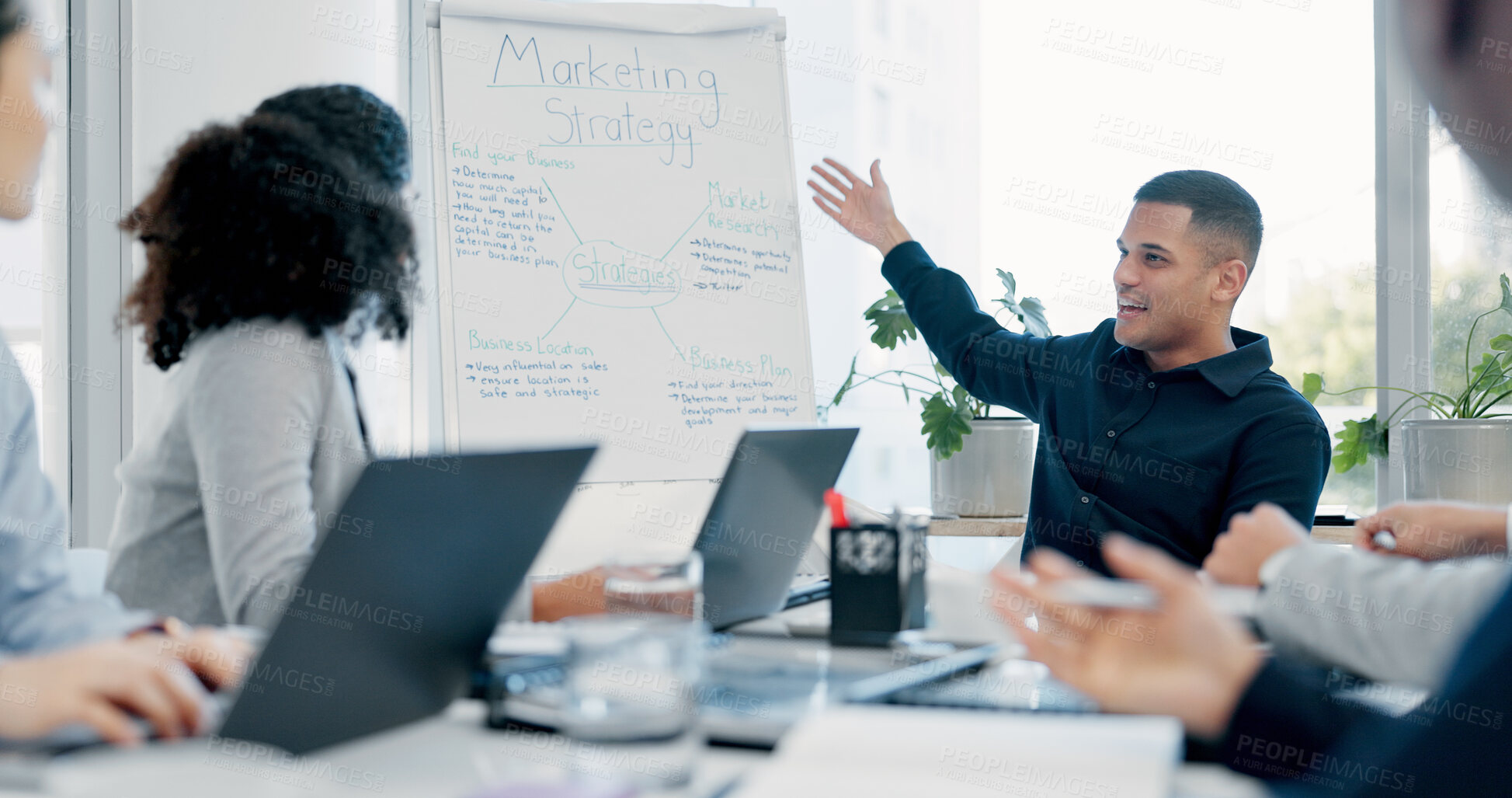 Buy stock photo Businessman, whiteboard or presentation with team for marketing strategy or discussion in boardroom. Man, colleagues or speaker talking to group of employees with mindmap for sale advice in workplace