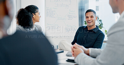 Buy stock photo Man, smile and conversation with business people in meeting for financial report or budget proposal in office. Whiteboard, teamwork and person for investment strategy, planning and finance agenda