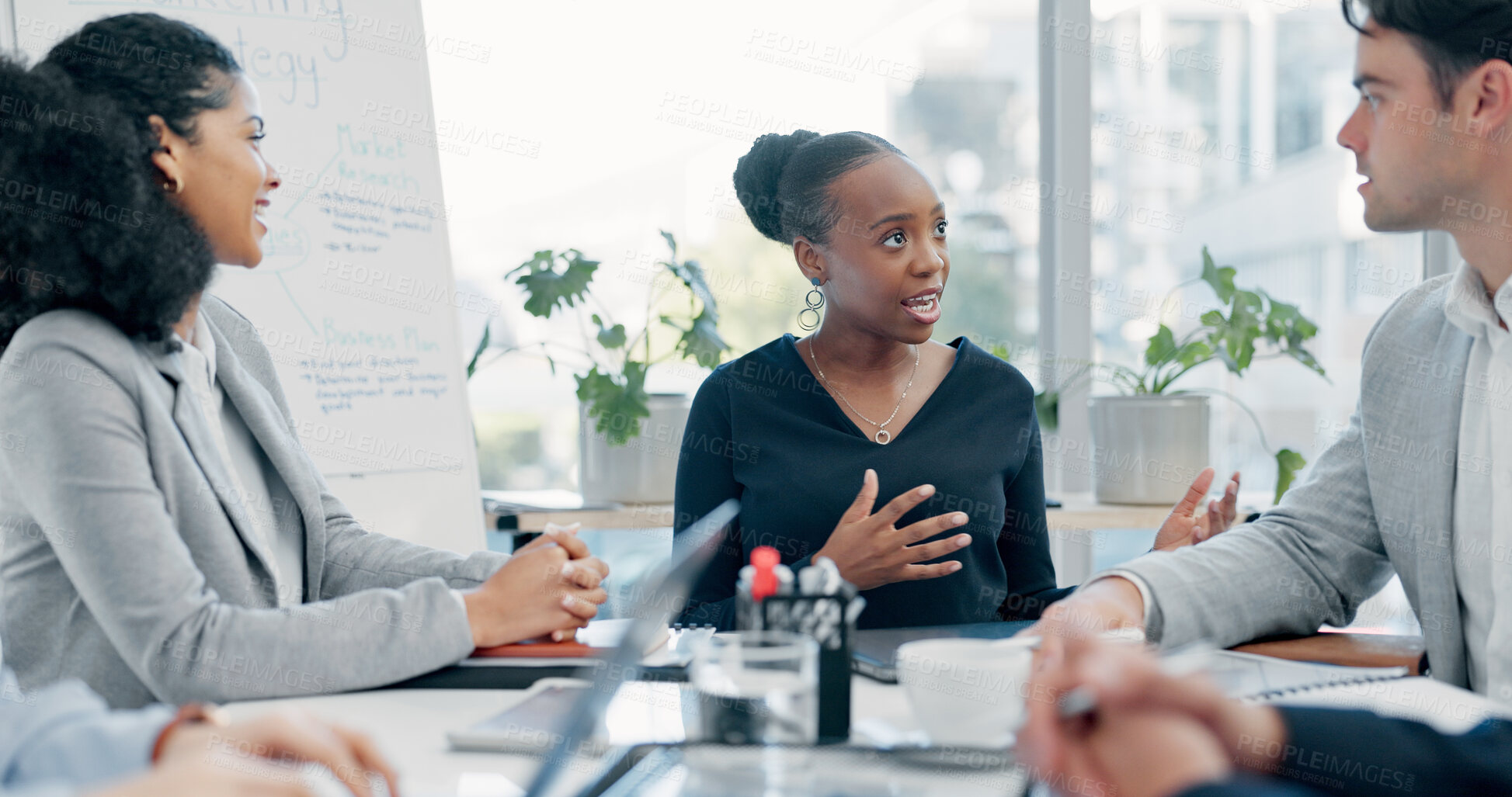 Buy stock photo Meeting, discussion or proposal in boardroom with business people for project planning or strategy. Group, employees or colleagues with idea for corporate improvement, conversation or office briefing
