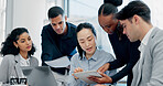 Meeting, discussion or business people with tablet in office, trading offer or investment evaluation. Planning, tech or risk management team with assessment of proposal, check profitability or budget