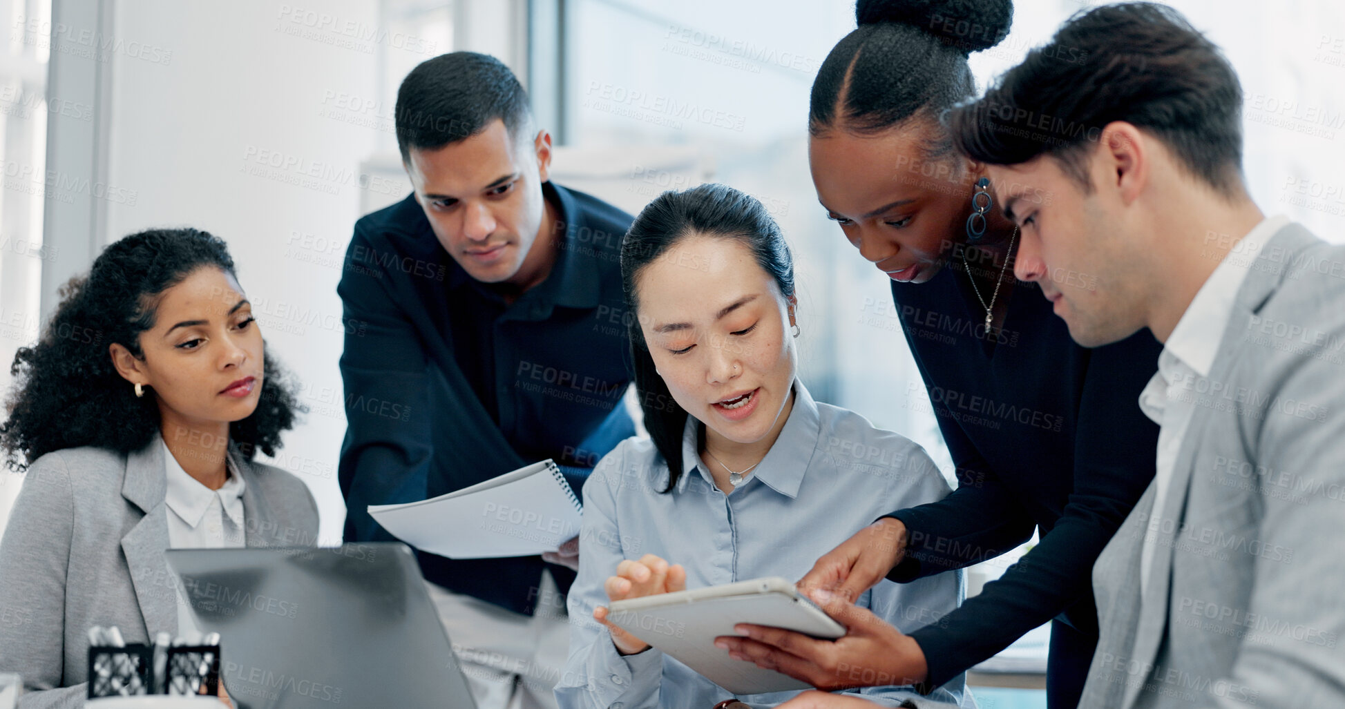 Buy stock photo Meeting, discussion or business people with tablet in office, trading offer or investment evaluation. Planning, tech or risk management team with assessment of proposal, check profitability or budget