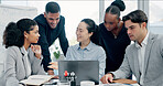 Woman, team or presentation with laptop in office for business strategy or discussion in boardroom. Female person, colleagues or conversation with computer or employees for plan or ideas in workplace