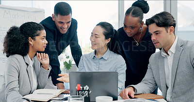 Buy stock photo Woman, team or presentation with laptop in office for business strategy or discussion in boardroom. Female person, colleagues or conversation with computer or employees for plan or ideas in workplace