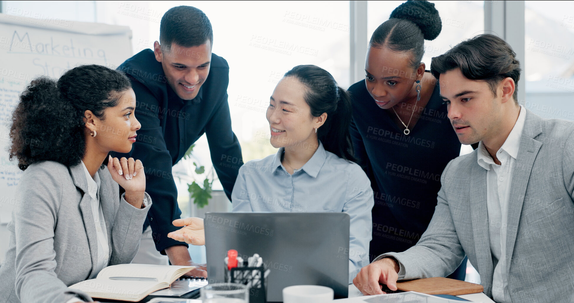 Buy stock photo Woman, team or presentation with laptop in office for business strategy or discussion in boardroom. Female person, colleagues or conversation with computer or employees for plan or ideas in workplace