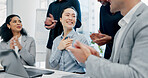 Business, woman and team in office with applause for good news, congratulations and bonus success. People, laptop and clapping hands for celebration, praise employees and thank you for promotion