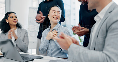 Buy stock photo Business, woman and team in office with applause for good news, congratulations and bonus success. People, laptop and clapping hands for celebration, praise employees and thank you for promotion