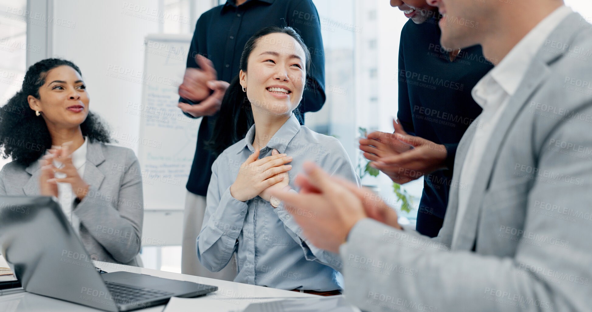 Buy stock photo Business, woman and team in office with applause for good news, congratulations and bonus success. People, laptop and clapping hands for celebration, praise employees and thank you for promotion
