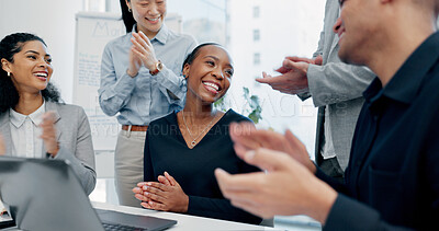 Buy stock photo Business, woman and staff in office with applause for good news, congratulations and bonus success. People, laptop and clapping hands for celebration, praise employees and thank you for promotion
