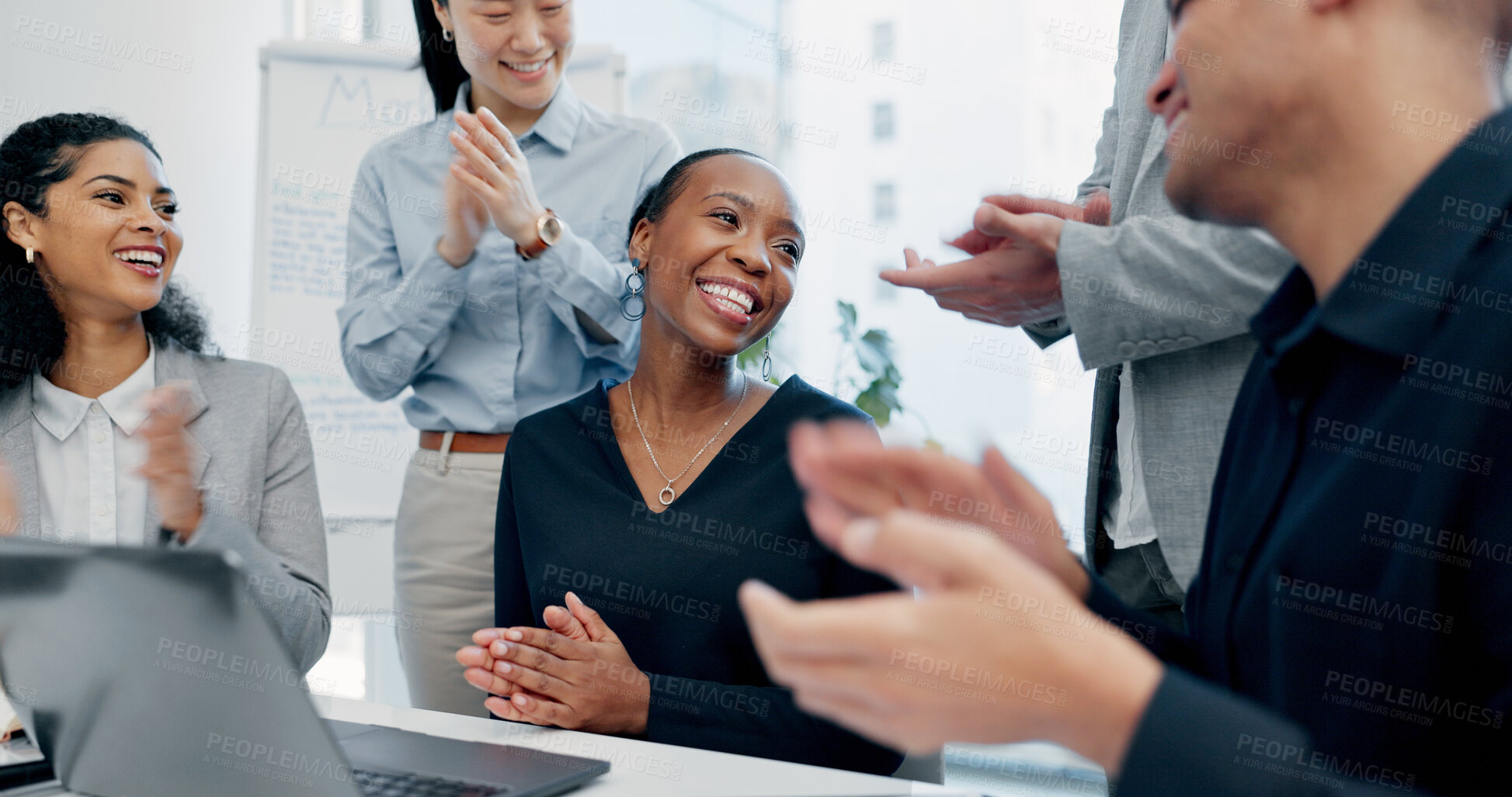 Buy stock photo Business, woman and staff in office with applause for good news, congratulations and bonus success. People, laptop and clapping hands for celebration, praise employees and thank you for promotion