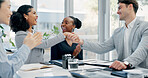 Handshake, applause and business people in office for meeting with finance deal, partnership or agreement. Happy, clapping and financial manager shaking hands with investor for investment contract.