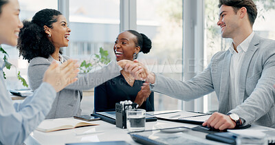 Buy stock photo Handshake, applause and business people in office for meeting with finance deal, partnership or agreement. Happy, clapping and financial manager shaking hands with investor for investment contract.