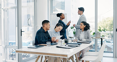 Buy stock photo Meeting, discussion and collaboration with business people in boardroom for project planning. Group, employees or colleagues with brief or conversation for company ideas or development in workplace