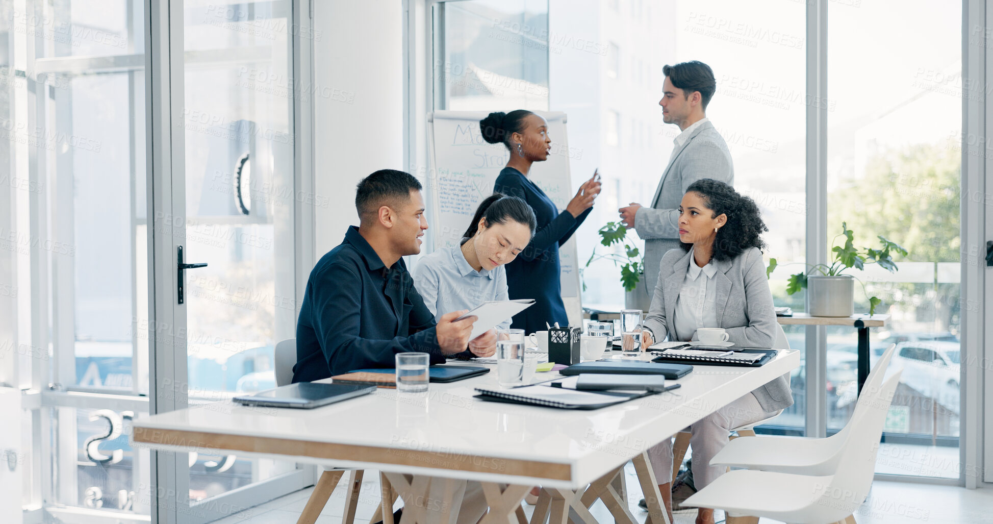 Buy stock photo Meeting, discussion and collaboration with business people in boardroom for project planning. Group, employees or colleagues with brief or conversation for company ideas or development in workplace