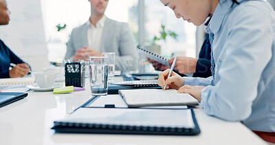 Buy stock photo Woman, writing and notebook with business people in meeting for financial report, budget proposal and notes. Corporate, teamwork and person for investment strategy, planning and finance agenda