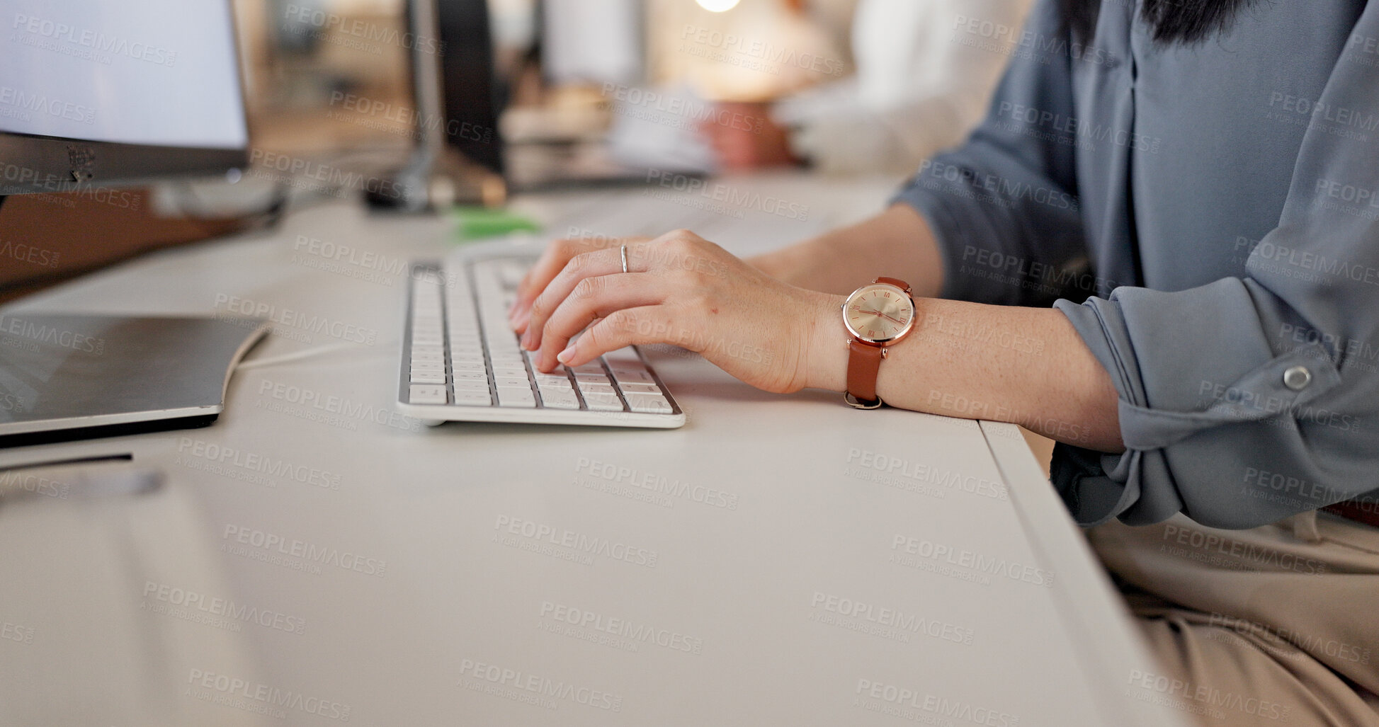 Buy stock photo Typing, keyboard and hands of businesswoman in office with email for feedback on finance report. Professional, online and female financial manager with update on investment proposal in workplace.