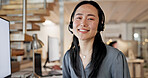 Computer, headset and woman with customer service portrait for CRM, online assistance and help. Happy agent, asian person and tech at call center for helpdesk support, about us and consultant career