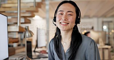 Buy stock photo Computer, headset and woman with customer service portrait for CRM, online assistance and help. Happy agent, asian person and tech at call center for helpdesk support, about us and consultant career