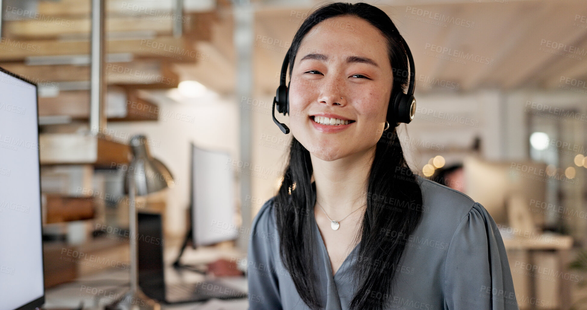 Buy stock photo Computer, headset and woman with customer service portrait for CRM, online assistance and help. Happy agent, asian person and tech at call center for helpdesk support, about us and consultant career