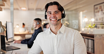 Buy stock photo Headset, man and happy with customer service portrait for CRM, online assistance and coworking. Consultant, person and pride at call center for help desk support, about us and hotline representative