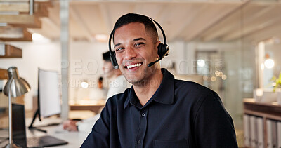 Buy stock photo Headset, man and happy with help desk portrait for customer support, online advice and coworking. Consultant, person and smile at call center for friendly service, about us and hotline representative