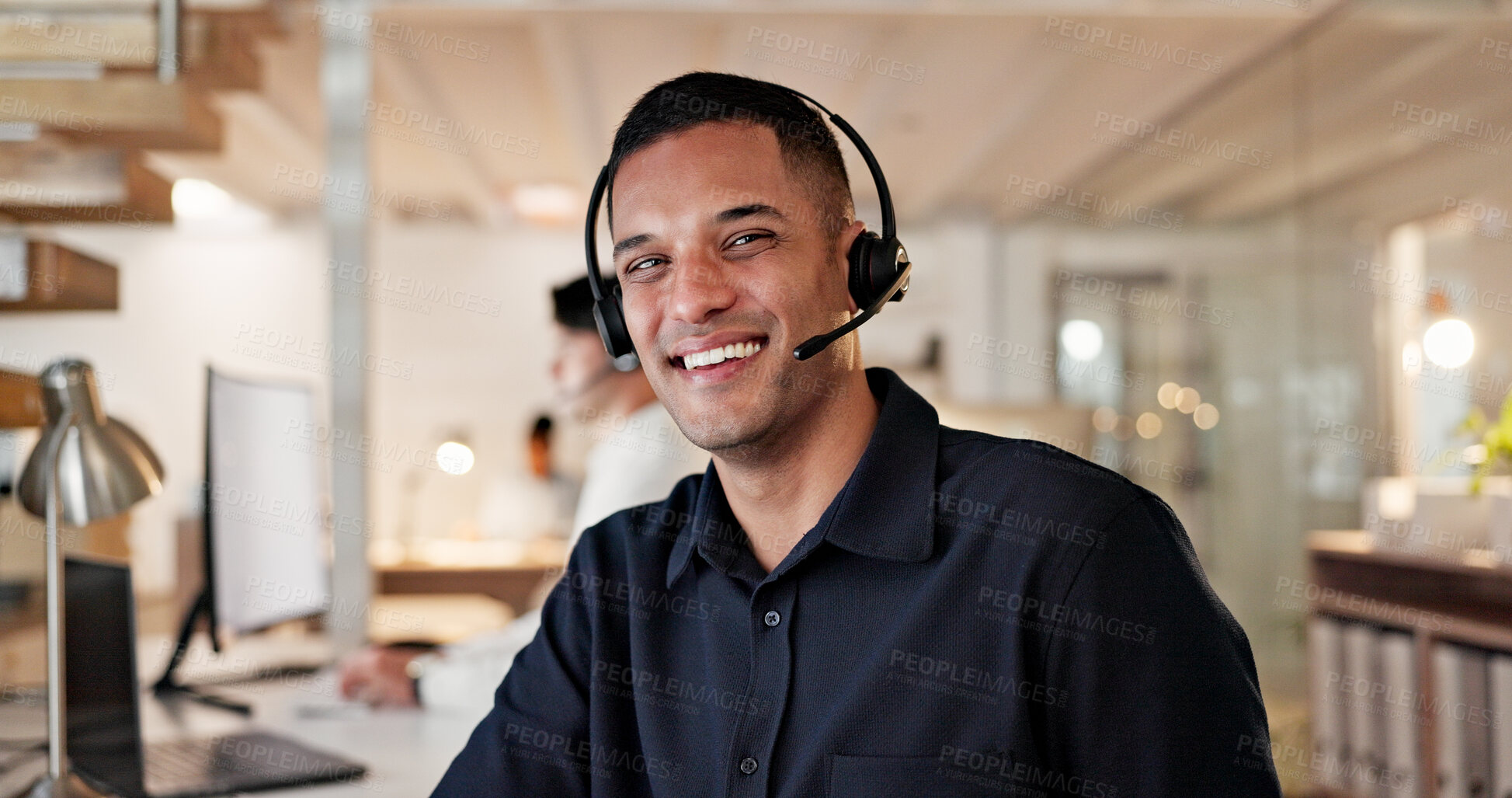 Buy stock photo Headset, man and happy with help desk portrait for customer support, online advice and coworking. Consultant, person and smile at call center for friendly service, about us and hotline representative