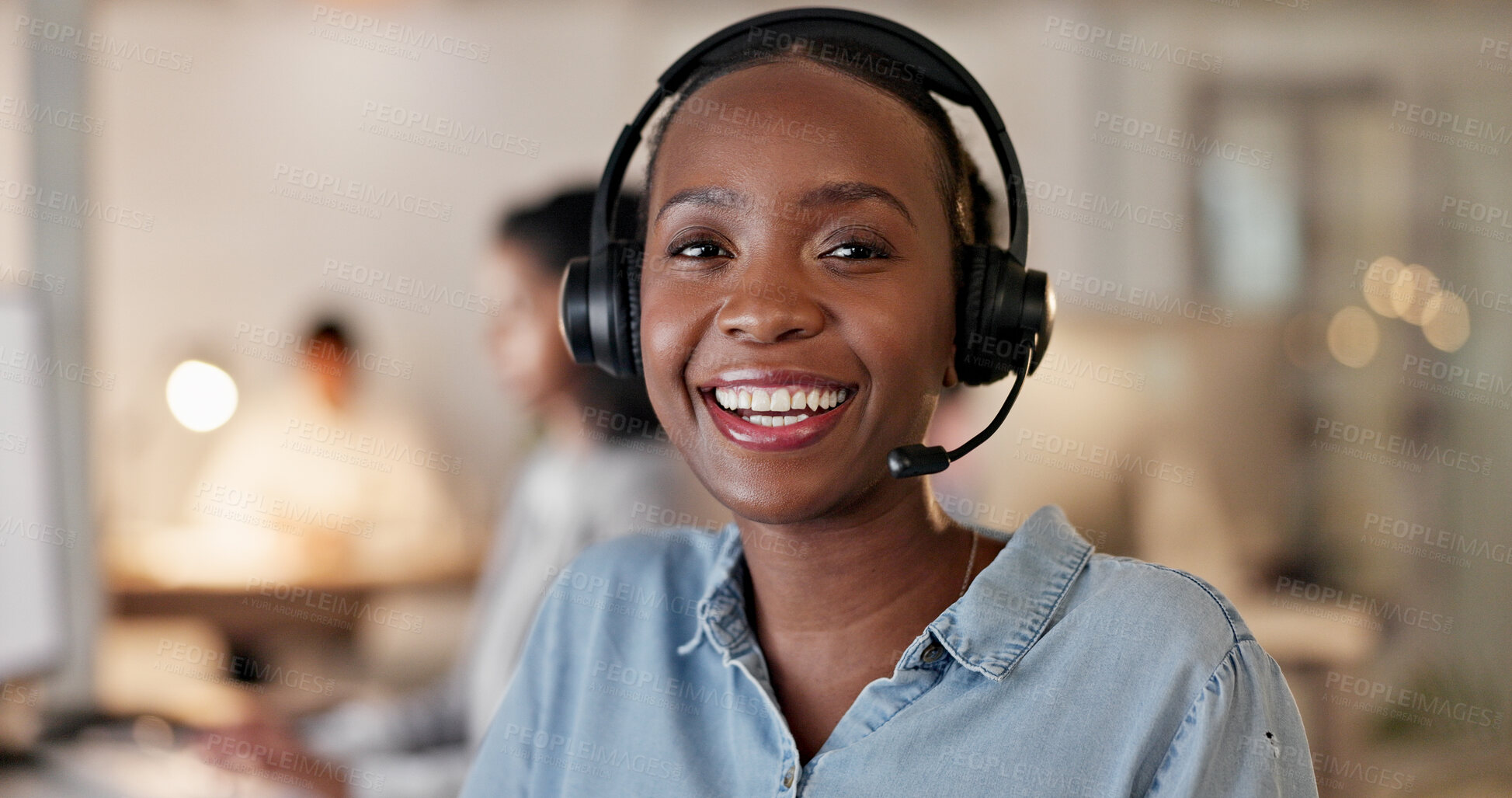 Buy stock photo Telemarketing, happy woman and headset in call center portrait for deal closing, about us or pride. Coworking, agent or smile with mic at workplace for outbound sales, consultant career or confidence