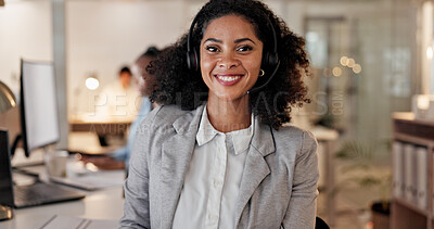 Buy stock photo Telemarketing, happy woman and mic in call center portrait for deal closing, about us or coworking. Friendly agent, headset and smile at workplace for outbound sales, consultant career or confidence