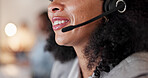 Mouth, headset and smile with contact at call center for advice, insight or mic at insurance company. Woman, advisor or consultant with voip, solution or customer service at risk management agency