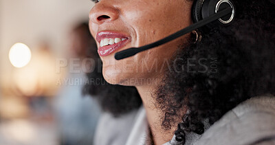 Buy stock photo Mouth, headset and smile with contact at call center for advice, insight or mic at insurance company. Woman, advisor or consultant with voip, solution or customer service at risk management agency