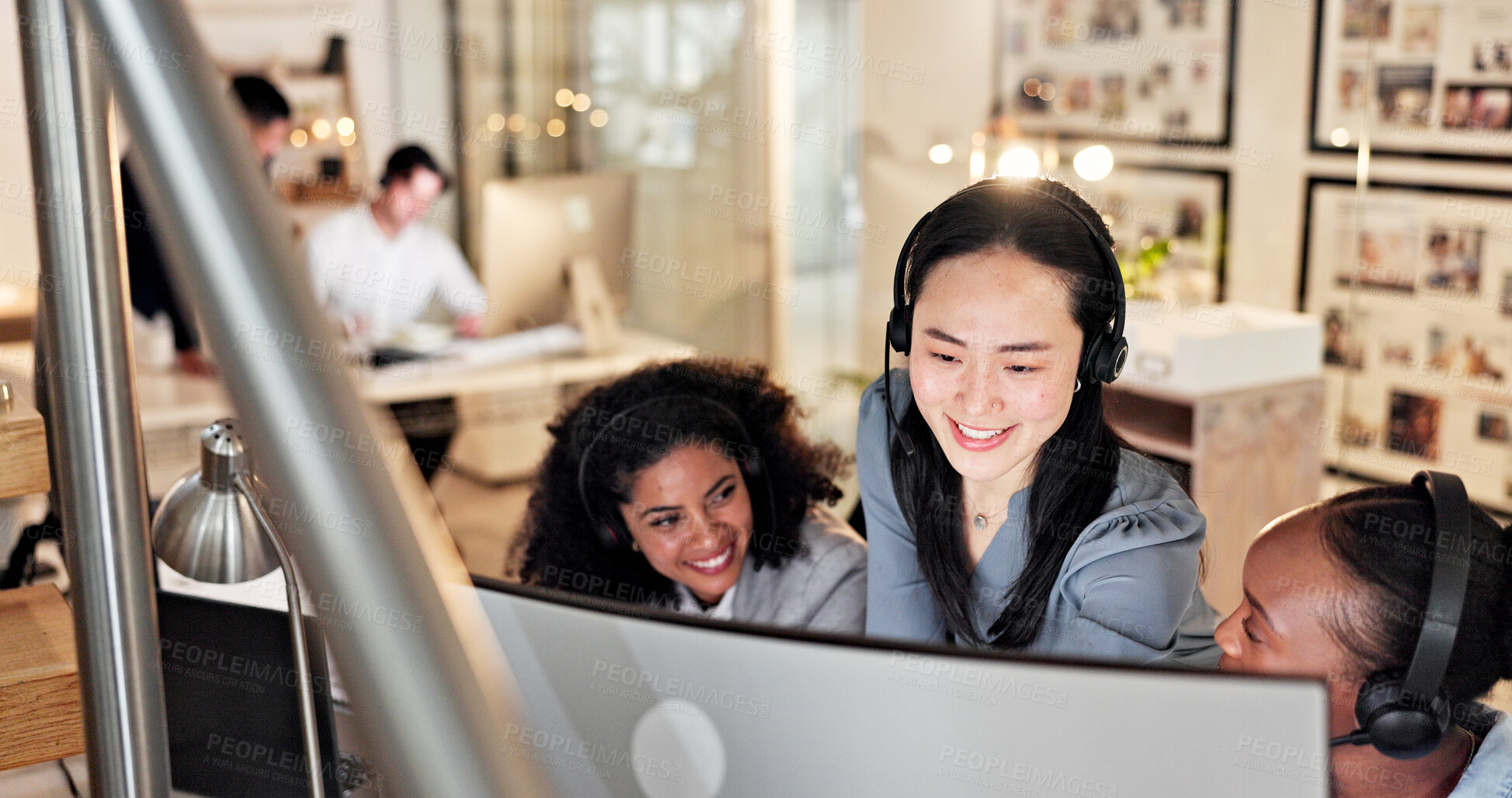 Buy stock photo Call center, help and business women on computer for contact us, online consulting and advice. Coworking, manager and workers on pc with assistance for crm, customer support and service in office
