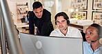 Call center, help and business people on computer for contact us, online consulting and advice. Coworking, manager and workers on pc with assistance for crm, customer support and service in office