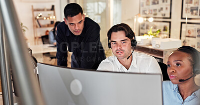 Buy stock photo Call center, help and business people on computer for contact us, online consulting and advice. Coworking, manager and workers on pc with assistance for crm, customer support and service in office