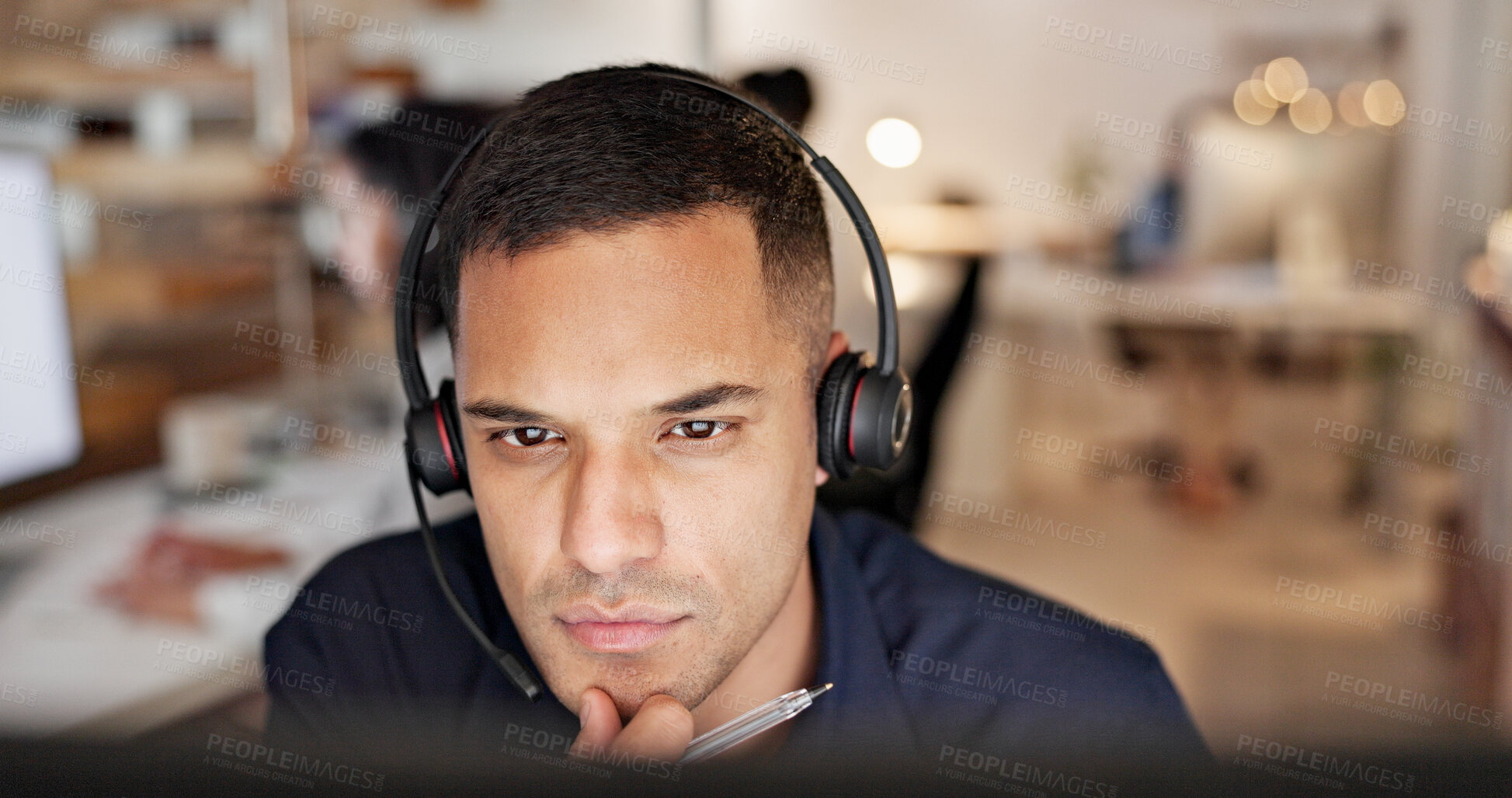 Buy stock photo Man, headset and review with computer at call center, insight and reading report at insurance company. Person, broker or consultant with voip, solution or customer service at risk management agency