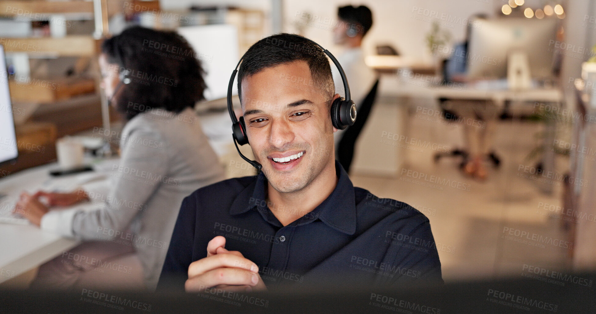 Buy stock photo Computer, headset and man consulting in call center for language translation, help desk or faq. Coworking, tech or happy consultant at work for customer service, multilingual support or online advice
