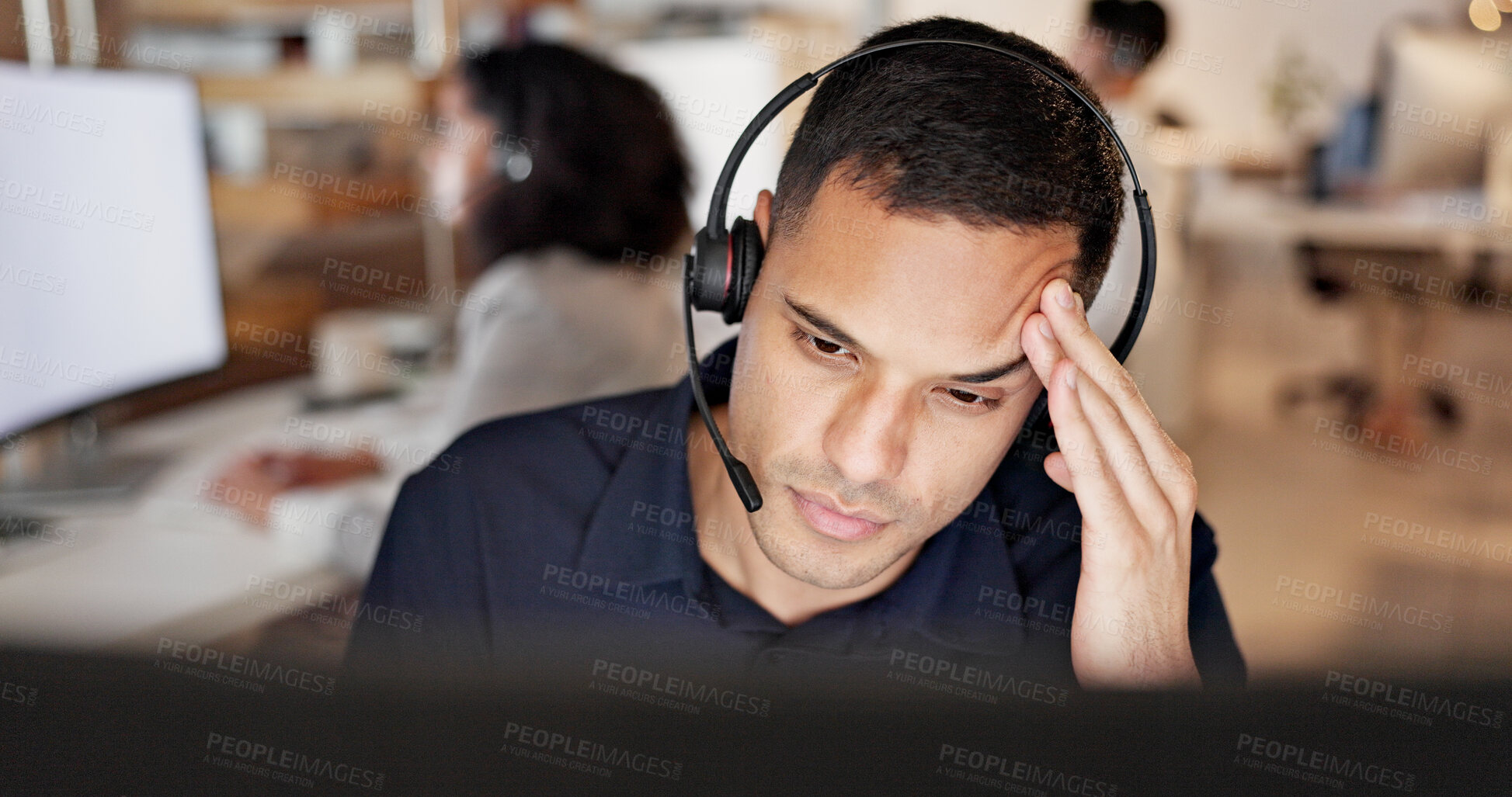 Buy stock photo Man, headset and headache with computer at call center, stress and burnout at insurance company. Person, broker and consultant with voip, frustrated or customer service at risk management agency