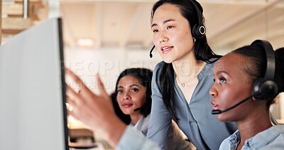 Buy stock photo Women, headset and team with computer at call center for advice, insight or point at insurance company. People, advisor or consultant with voip, solution or customer service at risk management agency