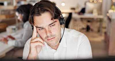 Buy stock photo Man, stress and headache with headset at call center, computer and burnout at insurance company. Person, broker and consultant with migraine, frustrated or customer service at risk management agency