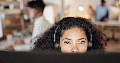 Buy stock photo Computer, headset and woman consulting in call center for language translation, help desk or CRM. Coworking, tech and consultant with mic for customer service, multilingual support and inbound advice