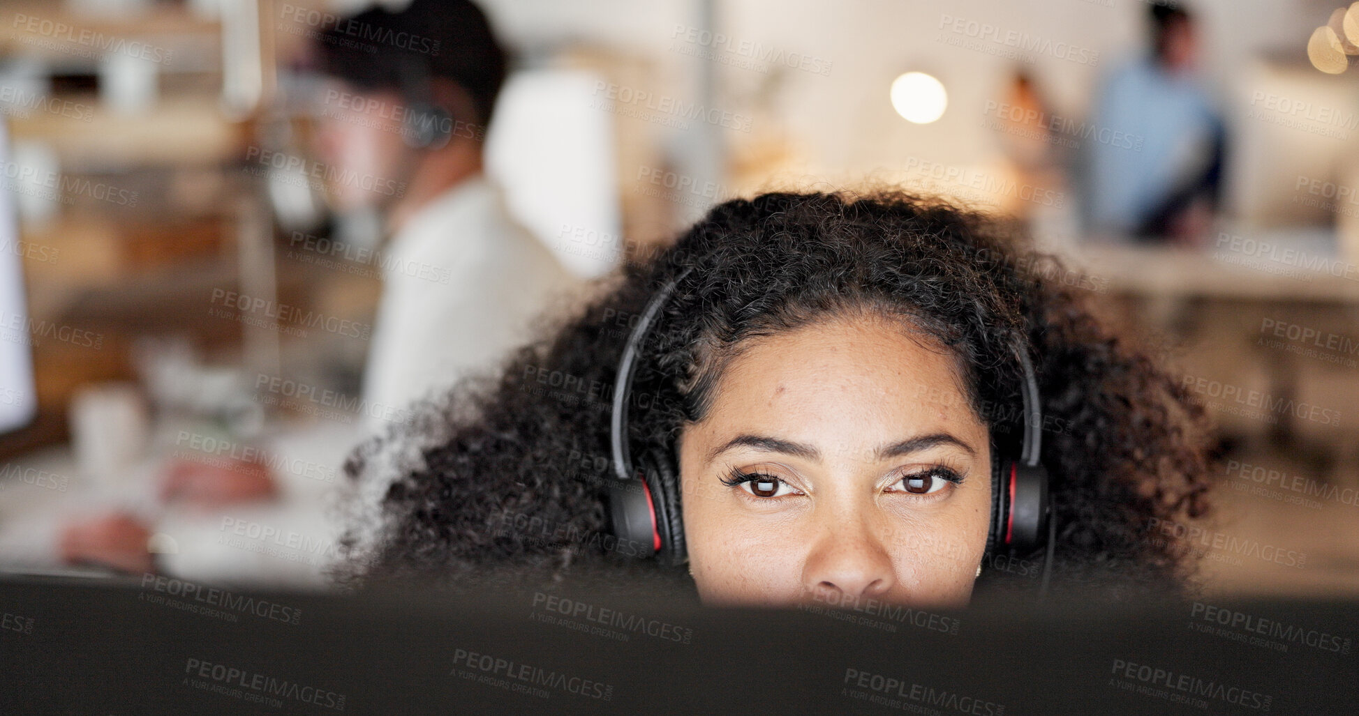 Buy stock photo Computer, headset and woman consulting in call center for language translation, help desk or CRM. Coworking, tech and consultant with mic for customer service, multilingual support and inbound advice
