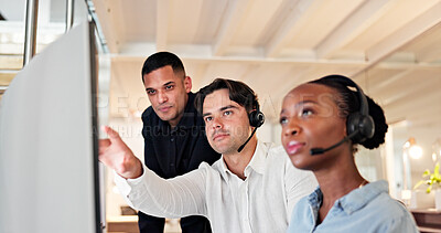 Buy stock photo People, headset and team with computer at call center for advice, insight or mic at insurance company. Group, advisor or consultant with voip, solution or customer service at risk management agency