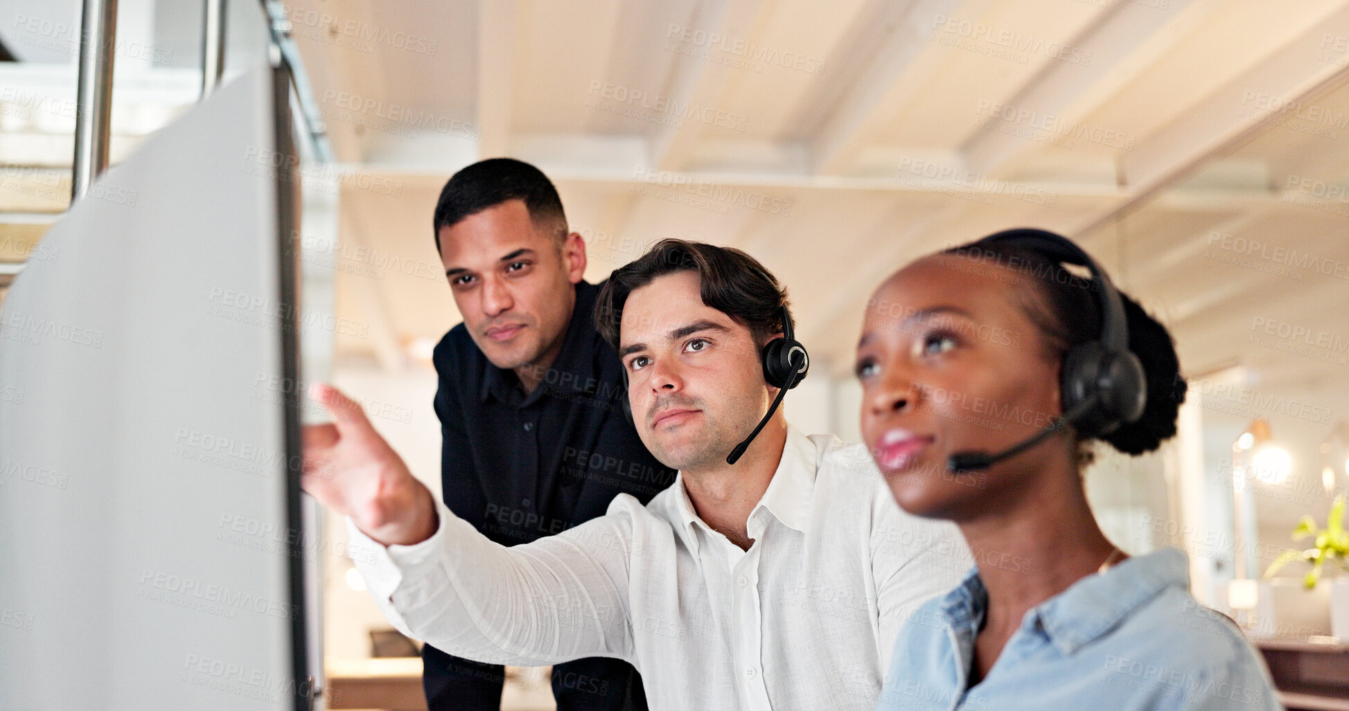 Buy stock photo People, headset and team with computer at call center for advice, insight or mic at insurance company. Group, advisor or consultant with voip, solution or customer service at risk management agency