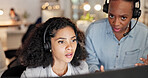 Women, headset and team with mistake at call center with advice, stress or pc at insurance company. People, worry or consultant with computer, solution or customer service at risk management agency