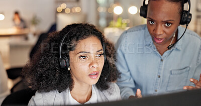 Buy stock photo Women, headset and team with mistake at call center with bokeh, stress or pc at insurance company. People, worry or consultant with computer, solution or customer service at risk management agency