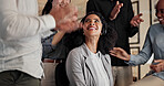 Woman, headset and team with applause at call center for goals, smile or promotion at insurance company. People, group or happy for success, motivation or customer service at risk management agency