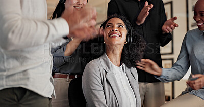 Buy stock photo Woman, headset and team with applause at call center for goals, smile or promotion at insurance company. People, group or happy for success, motivation or customer service at risk management agency